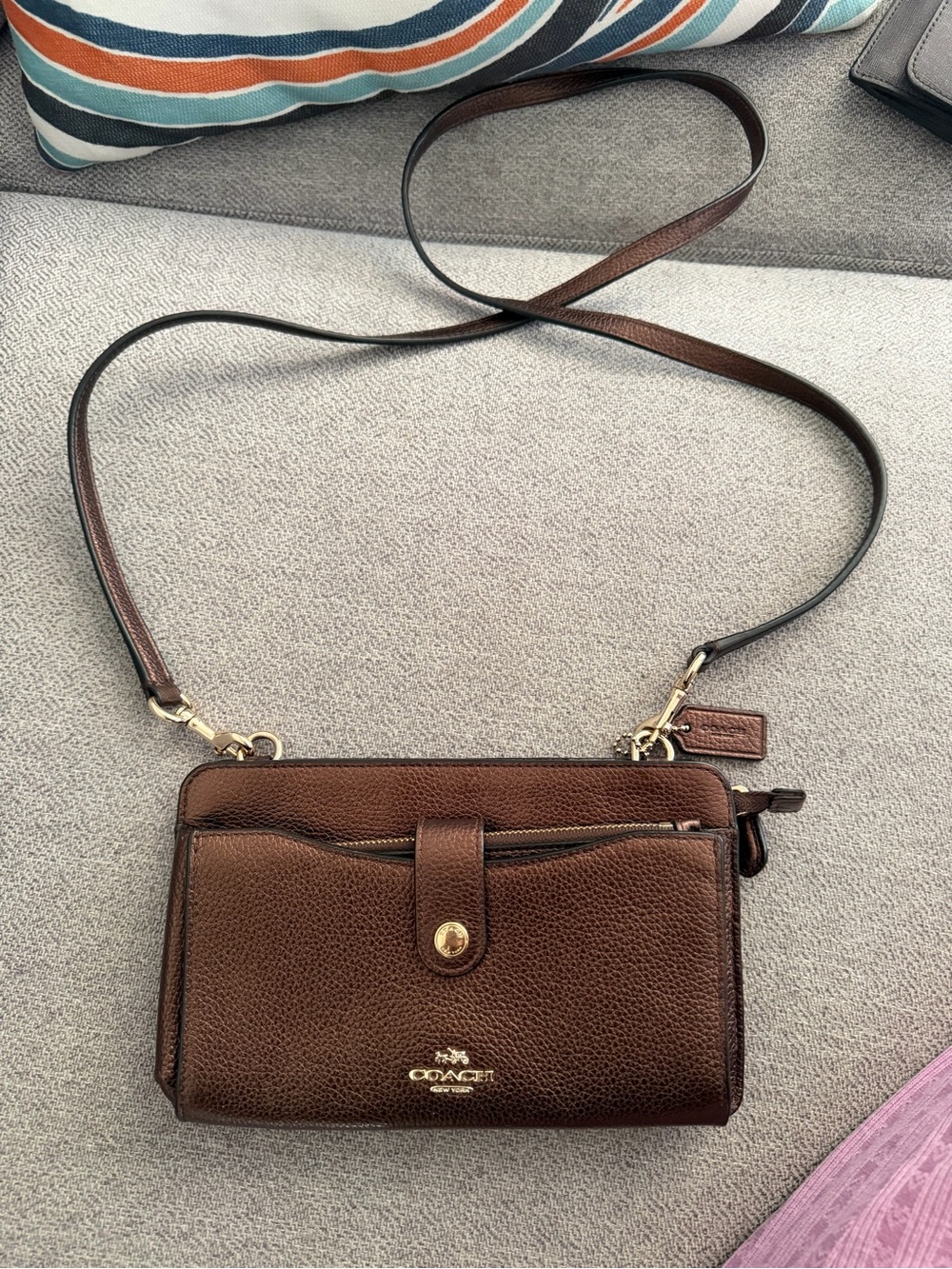 Coach Brown Pebbled Leather Crossbody Wallet with Gold Hardware